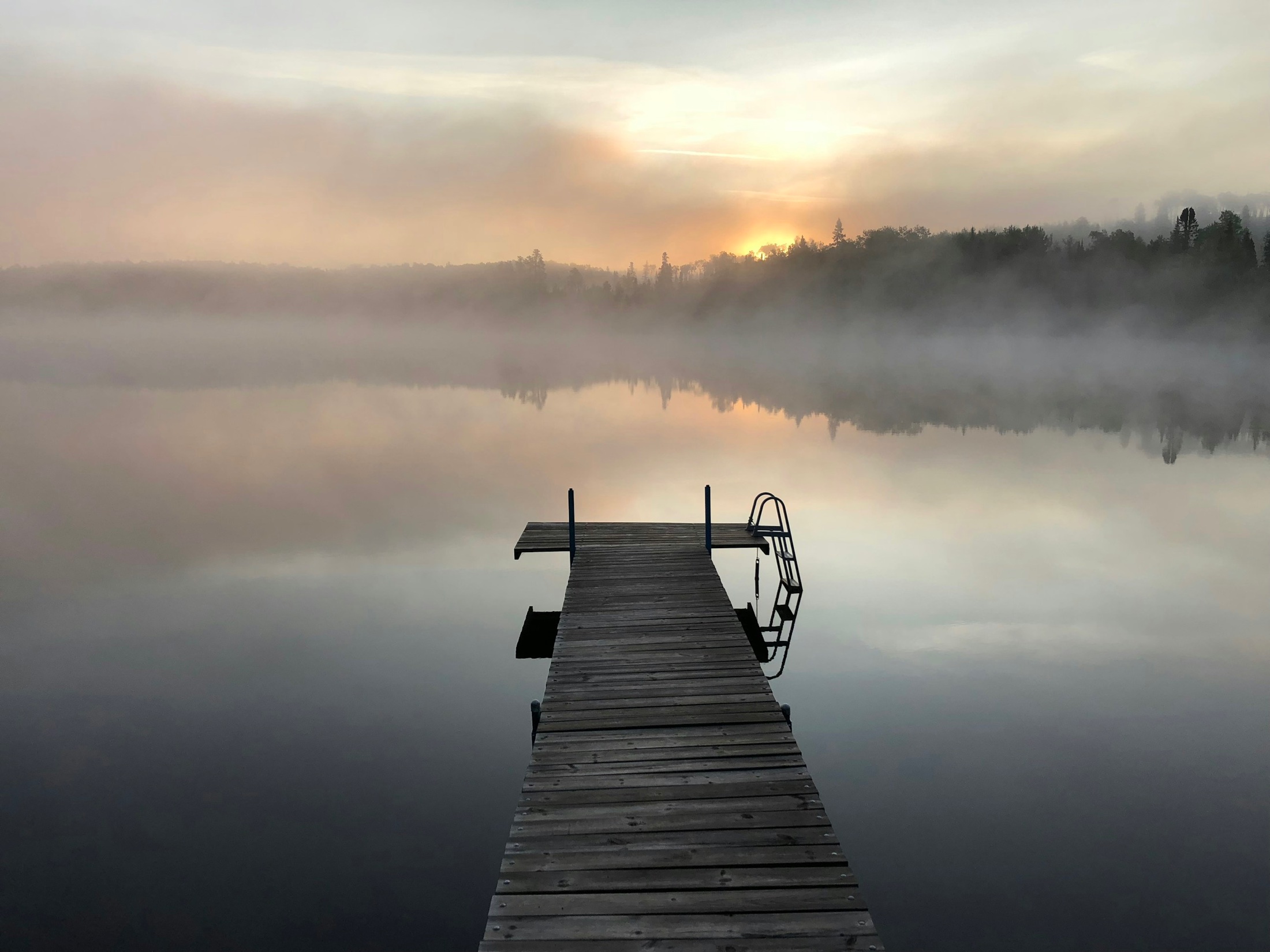 Ein Steg führt in einen ruhigen, nebligen See